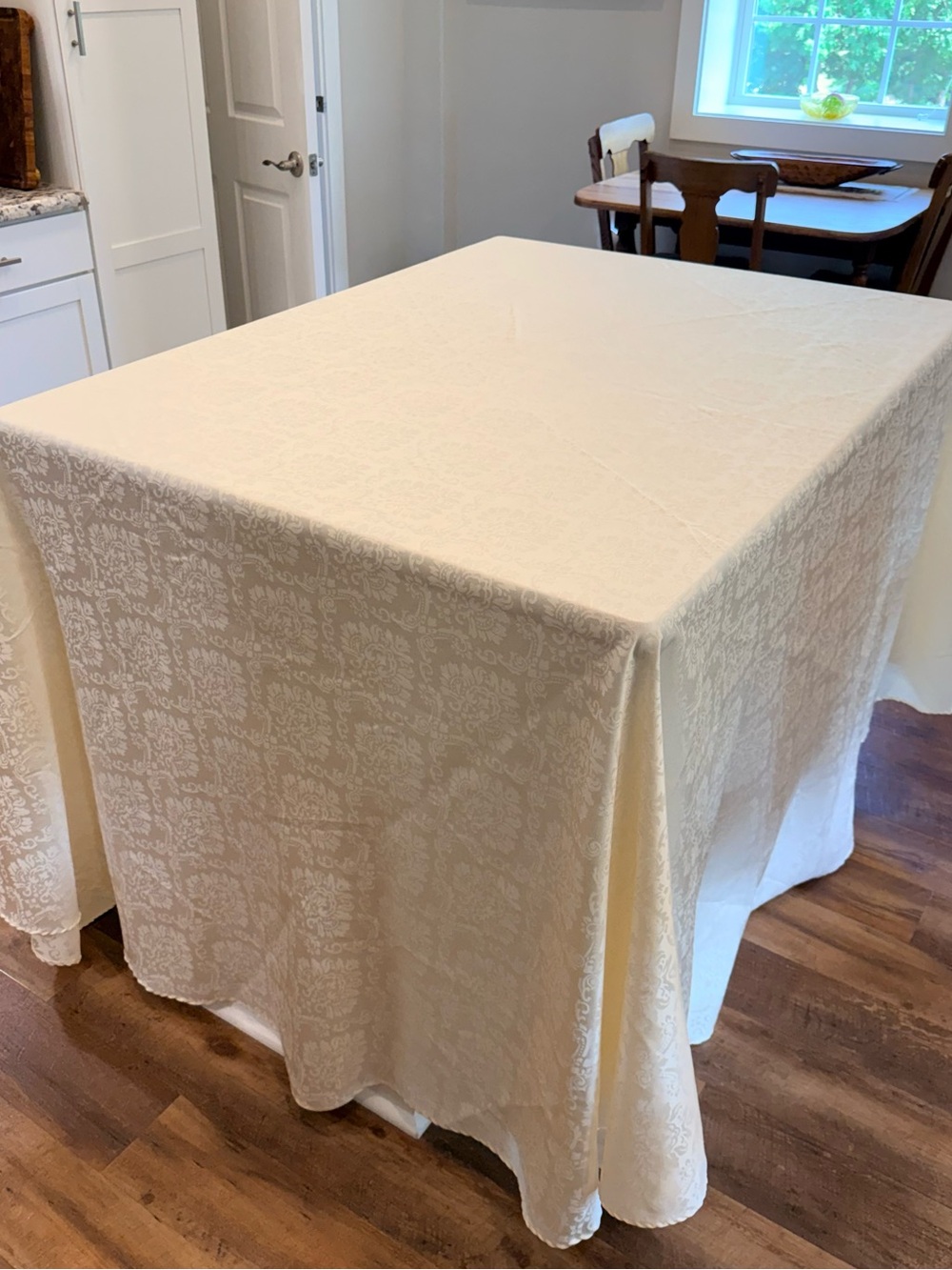 Classic Cream Damask Tablecloth 120” round. Multiple for sale